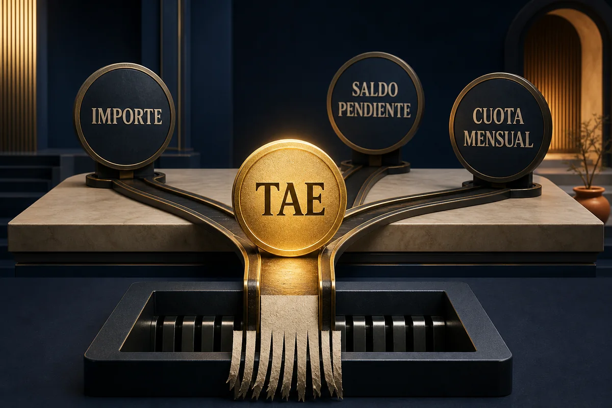 Representación editorial de la TAE comparada con el importe, el saldo pendiente y la cuota mensual