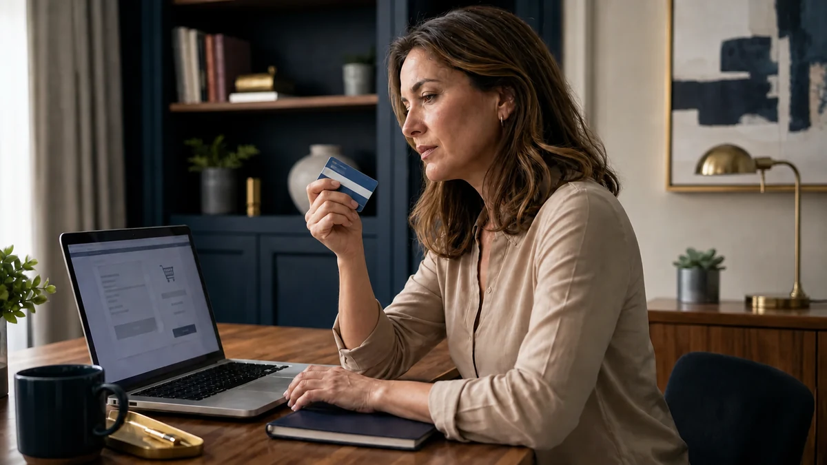 Mujer valorando una compra con una tarjeta correctamente sujeta mientras revisa el ordenador