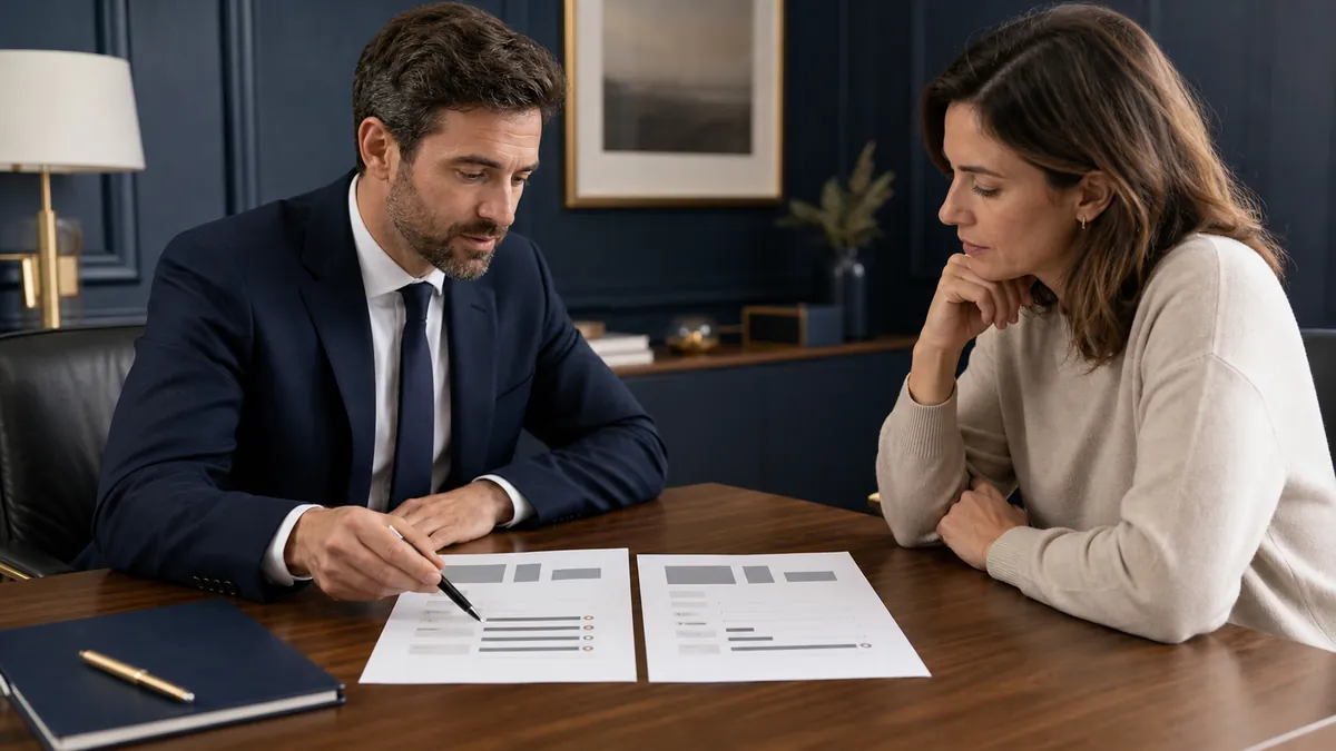 Cliente comparando dos propuestas de financiación con un asesor