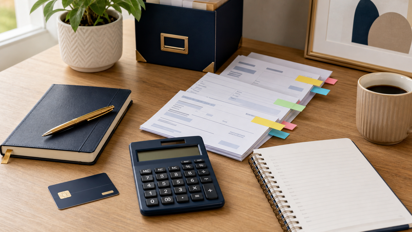 Mesa ordenada con calculadora, documentos y pestañas de colores para organizar deudas