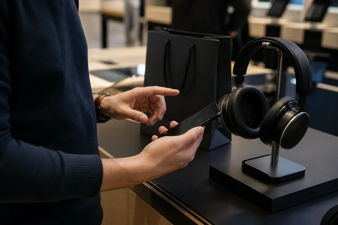 Persona deteniéndose antes de pagar unos auriculares que puede comprar más adelante