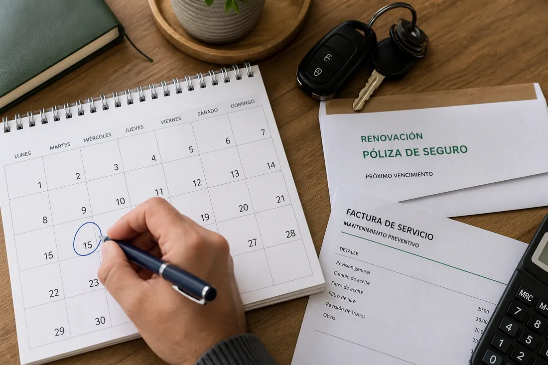 Calendario junto a una renovación de seguro y las llaves del coche