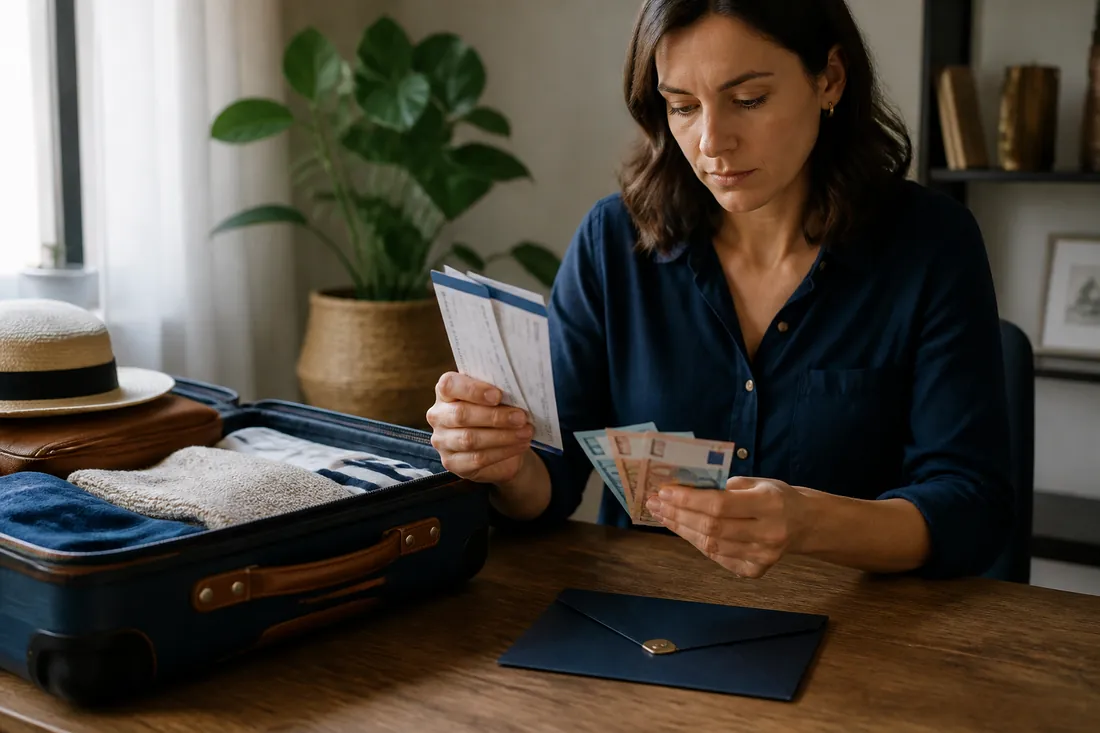 Mujer preparando un viaje mientras separa billetes de euro