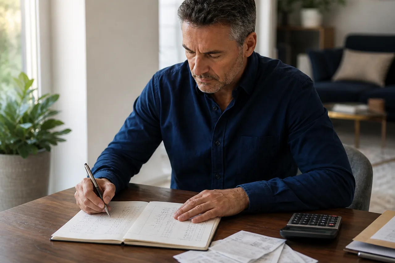 Hombre revisando gastos domésticos con una libreta, recibos y calculadora