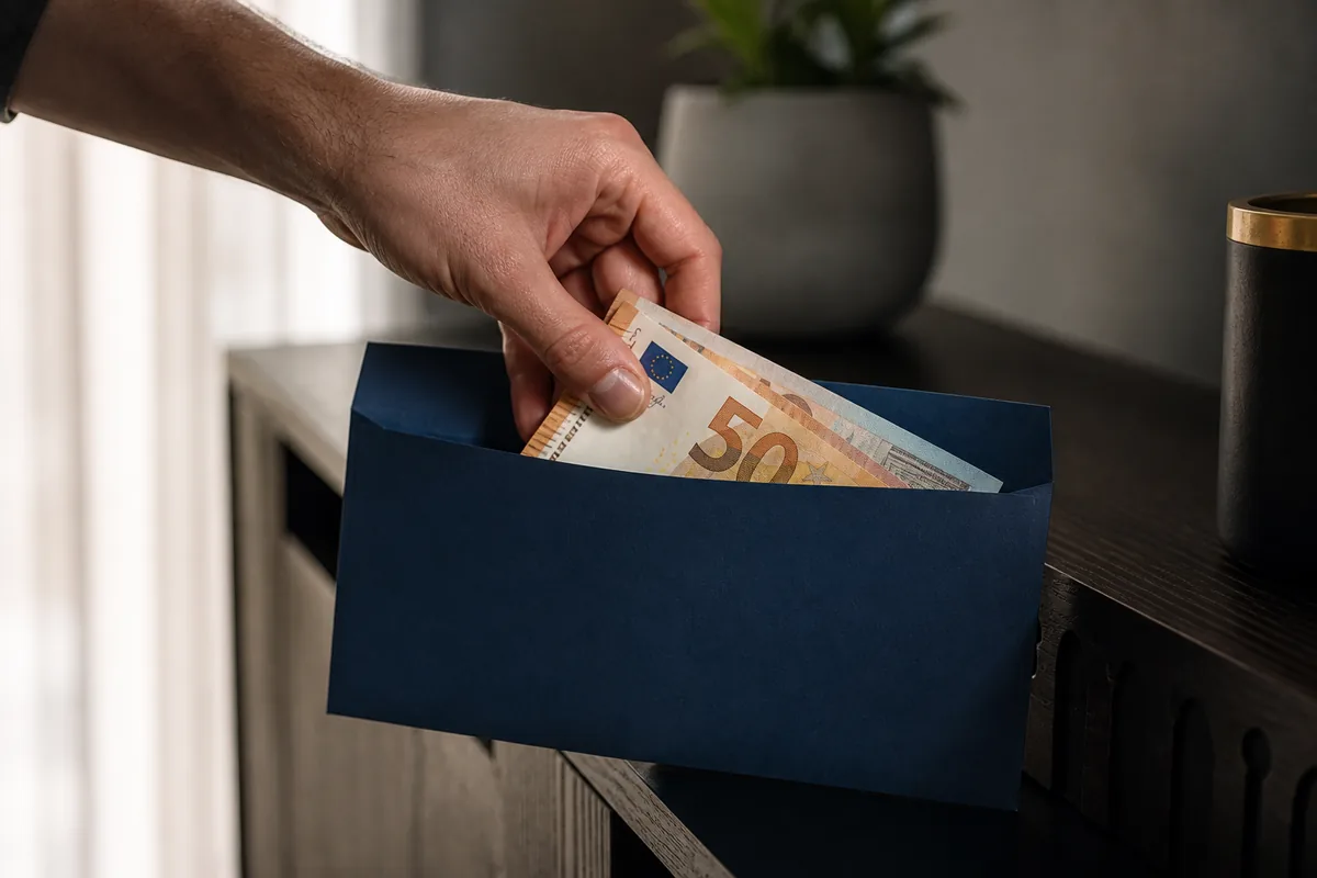 Mano guardando billetes de euro en un sobre azul reservado para emergencias
