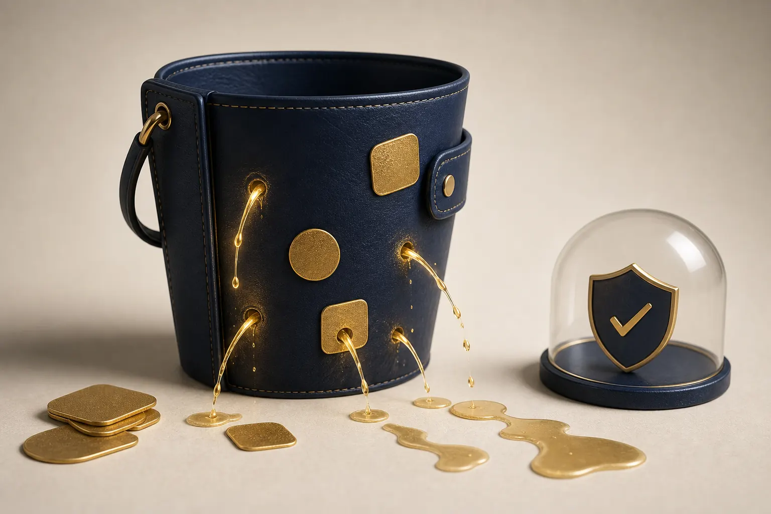 Cubo con fugas de monedas como metáfora de gastos invisibles