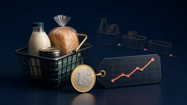 Cesta de productos básicos, moneda de euro y evolución ascendente de los precios
