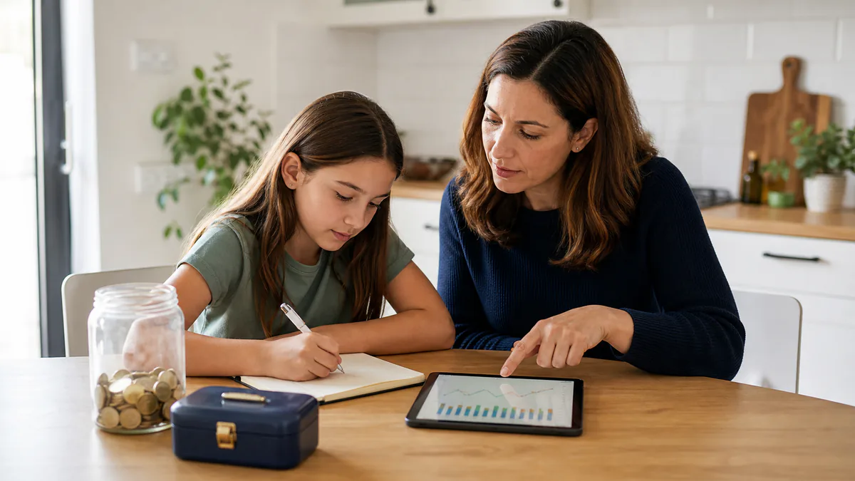 Una madre y su hija revisan juntas el ahorro en una tableta y una libreta