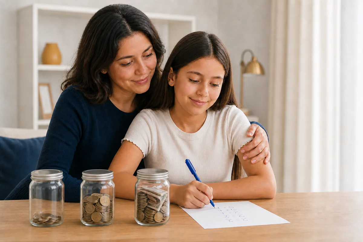 Madre acompañando a su hija mientras calcula y reparte sus ahorros entre tres huchas