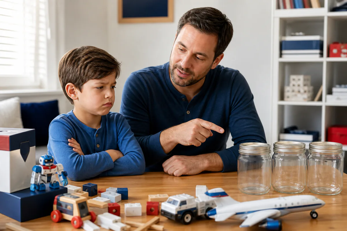 Padre explicando a su hijo enfadado que sus tres huchas están vacías después de comprar varios juguetes
