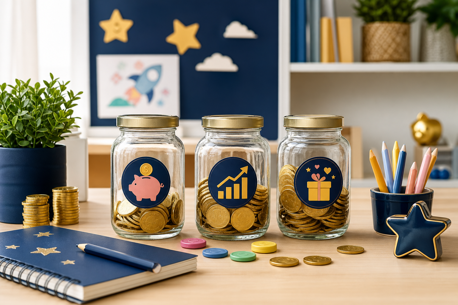 Tres botes transparentes con monedas para aprender a repartir la paga