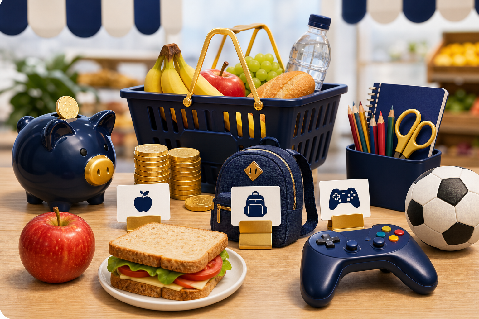 Juego de compra con cesta, monedas y decisiones entre necesidad y capricho