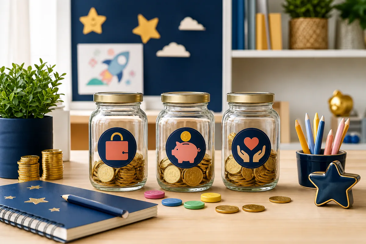 Tres botes para separar el dinero destinado a gastar, ahorrar y compartir