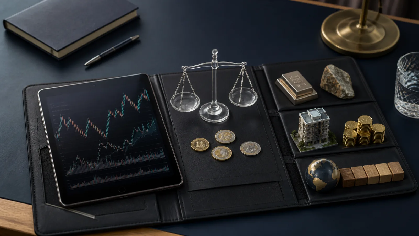 Cartera de inversión diversificada con gráfico de mercado, monedas y una balanza